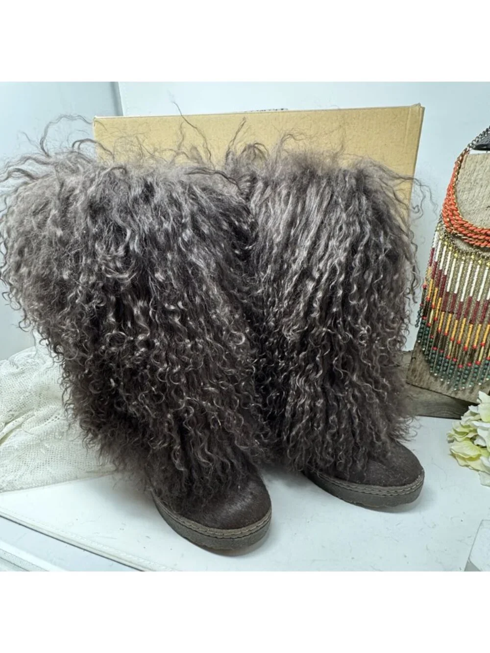 Bearpaw Boetis II Black Curly Lamb Fur Sheepskin Lined Mongolian Boots 6 Box